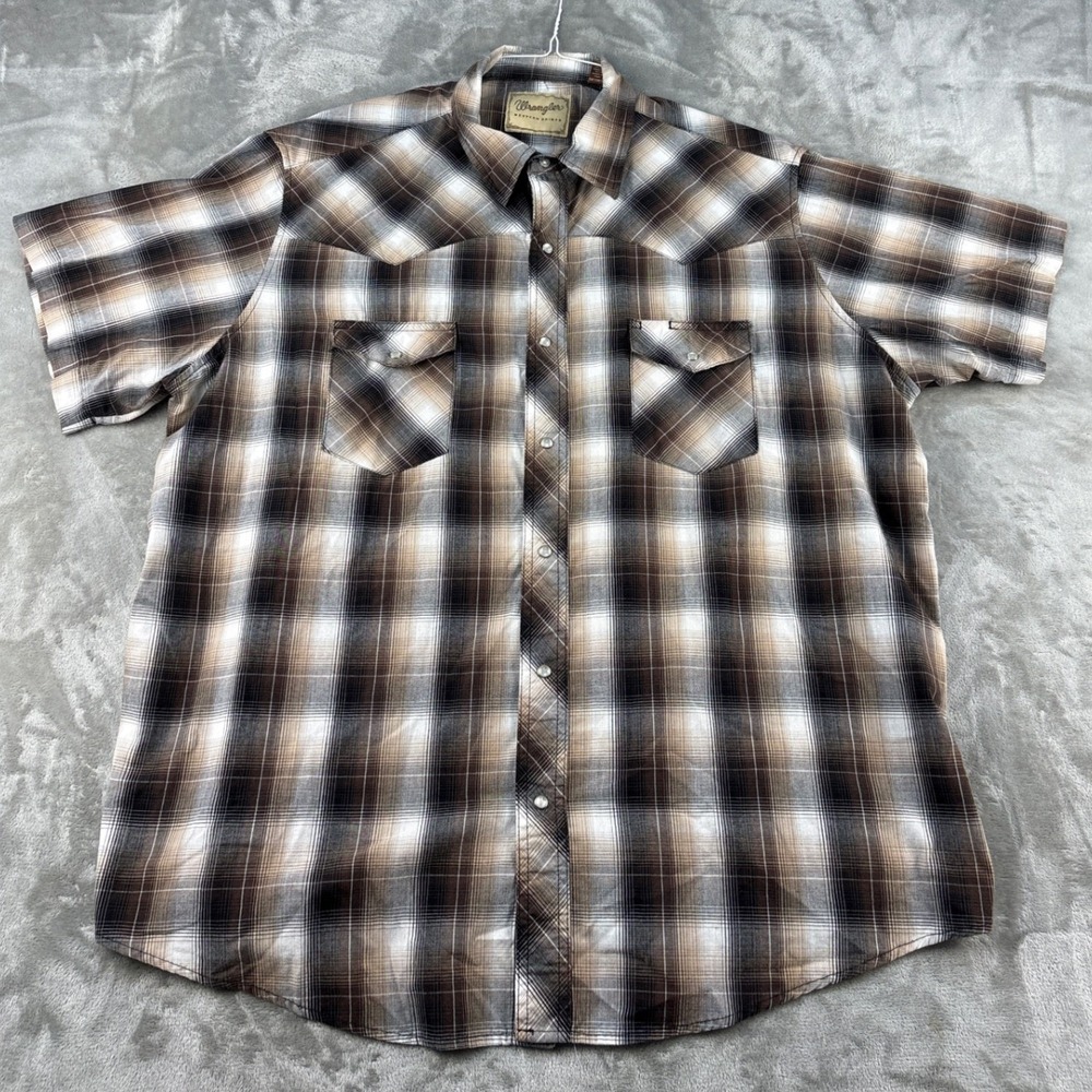 Wrangler Shirt Mens 2XL Big Western Brown Plaid Pearl Snap Short Sleeve EUC